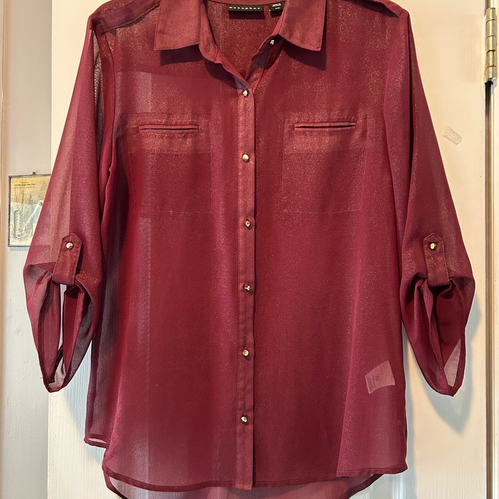 Metaphor Burgundy Sheer Button Down Shirt